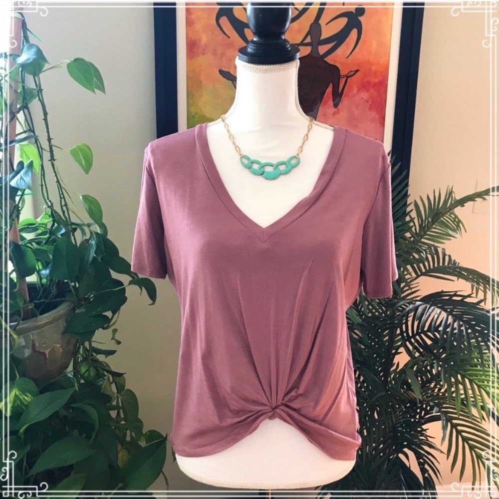 V neck tee shirt with faux front tie